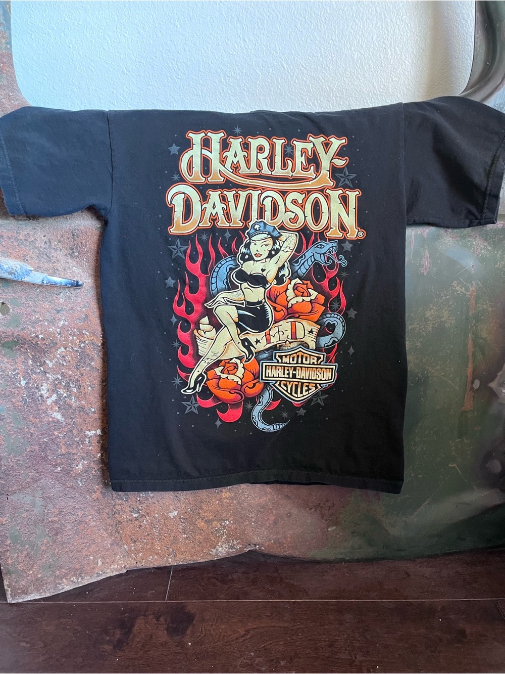 Harley-Davidson Men’s Black Tee with Pin-Up, Red Flames & Orange Roses